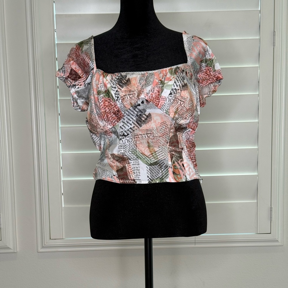 Chic Ruffle Sleeve Blouse with Newspaper Print